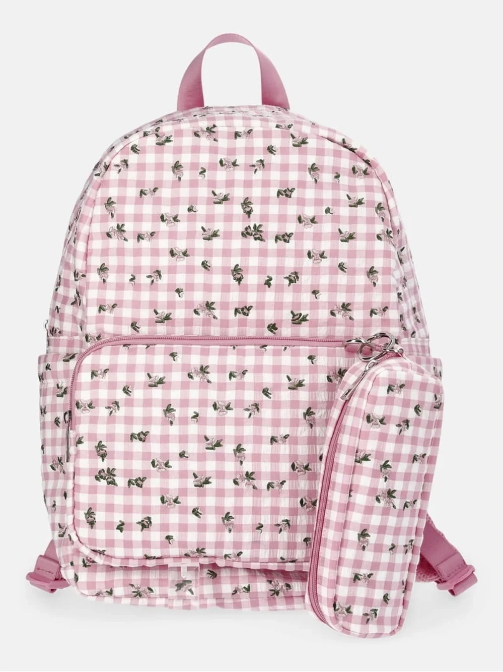 Pink Gingham Floral Backpack with Detachable Matching Pouch W